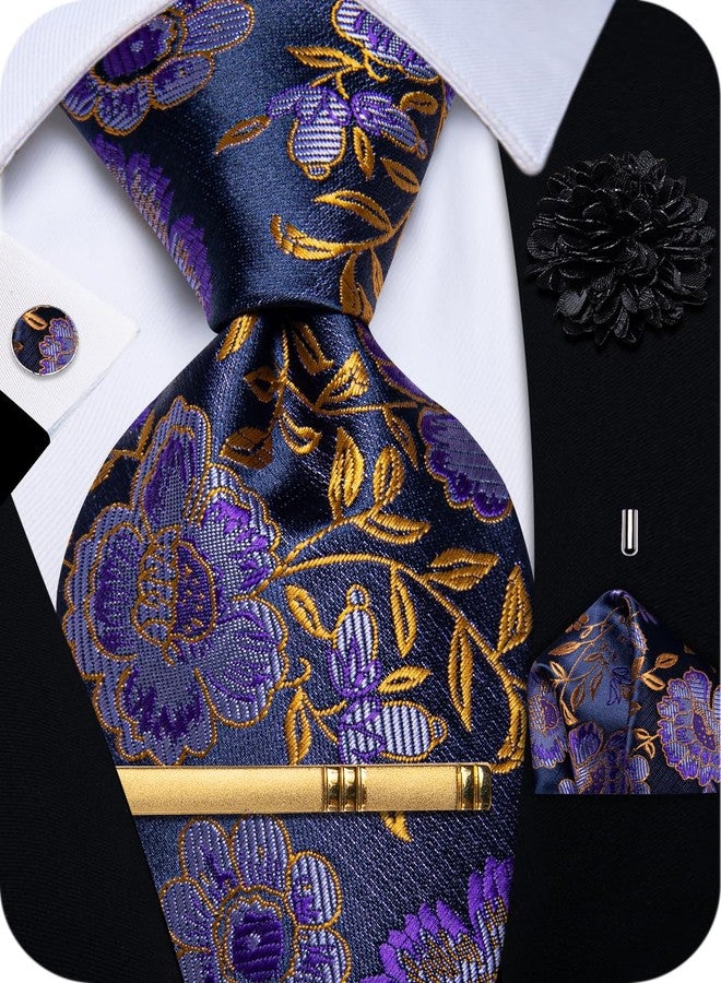 YourTies Silk Paisley Floral Tie and Pocket Square Cufflinks with Lapel Pin Sets for Men 5PC Wedding Party, Purple Floral, M - Image 1