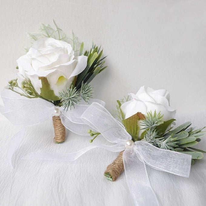 IVORY ROSE BOUTONNIERES FOR BEST MEN GROOM GROOMSMEN WHITE WEDDING PROM SET OF 2