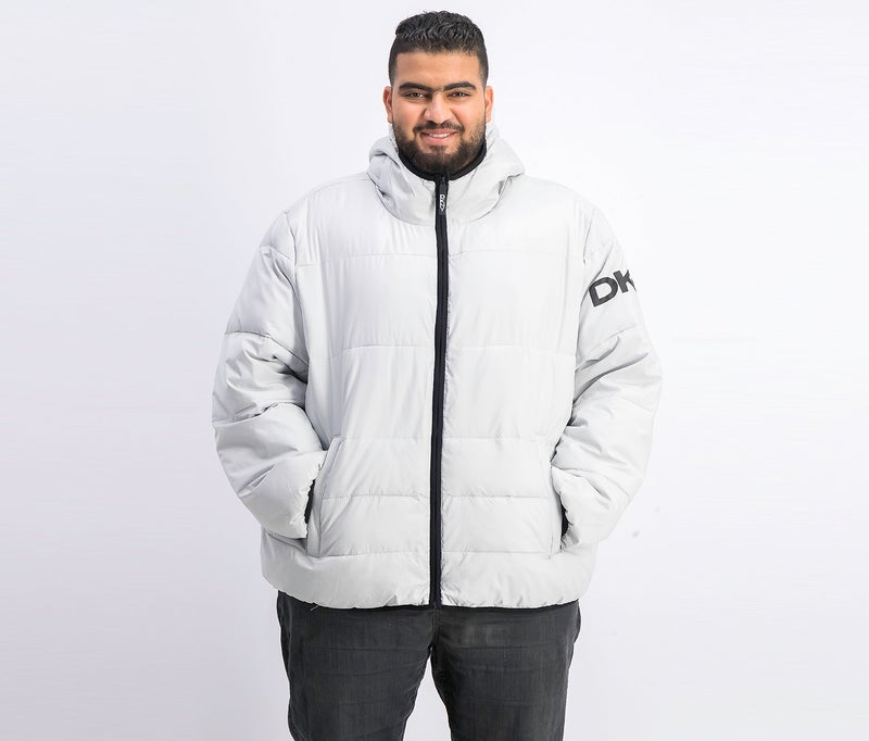 DKNY Men Big and Tall Hooded Puffer Jacket, Silver - Image 1