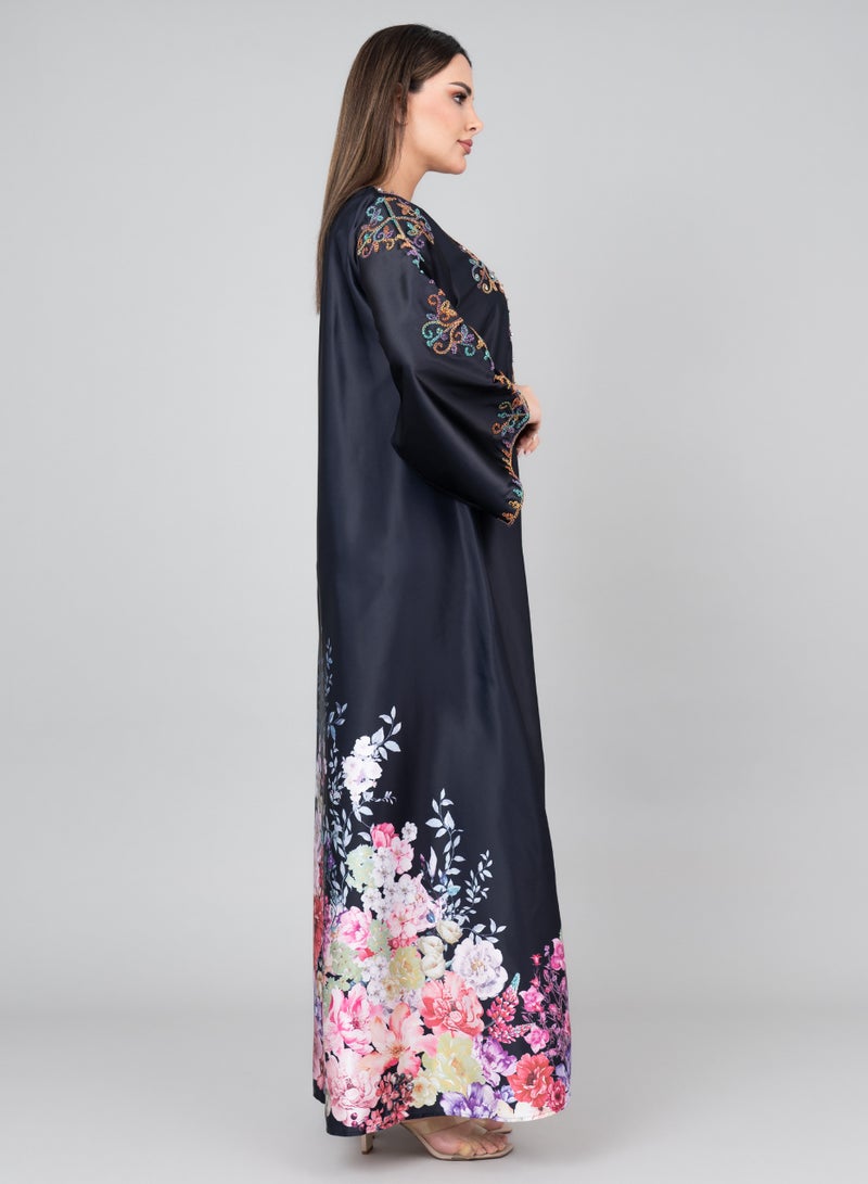 IKKXA Floral Printed Crystal Embroidery Jalabiya IK1015 Black - Image 3