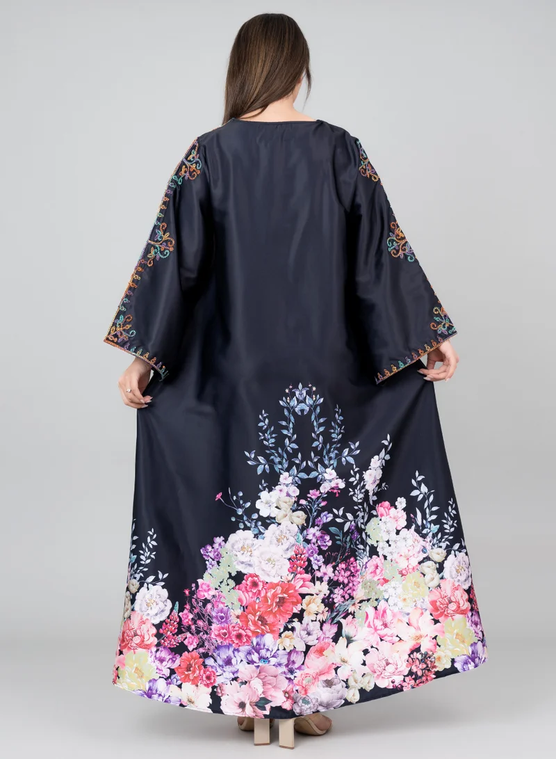 IKKXA Floral Printed Crystal Embroidery Jalabiya IK1015 Black