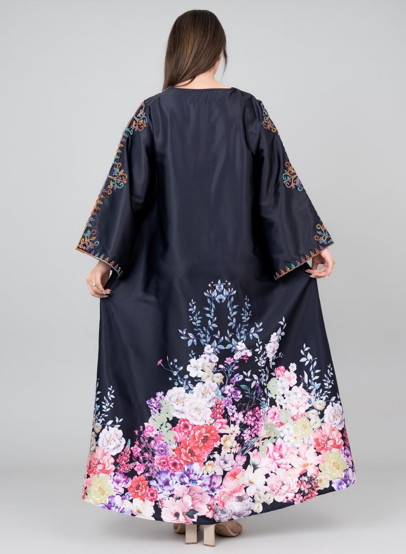 IKKXA Floral Printed Crystal Embroidery Jalabiya IK1015 Black - Image 2