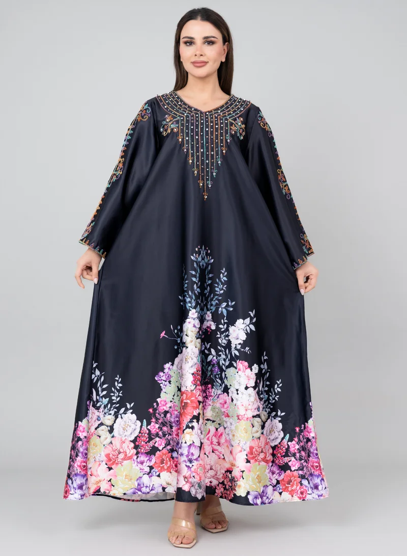 IKKXA Floral Printed Crystal Embroidery Jalabiya IK1015 Black