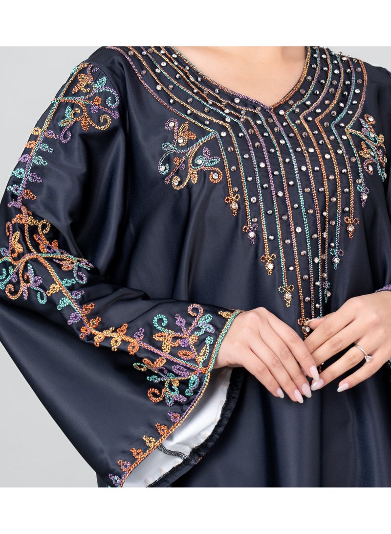 IKKXA Floral Printed Crystal Embroidery Jalabiya IK1015 Black - Image 4