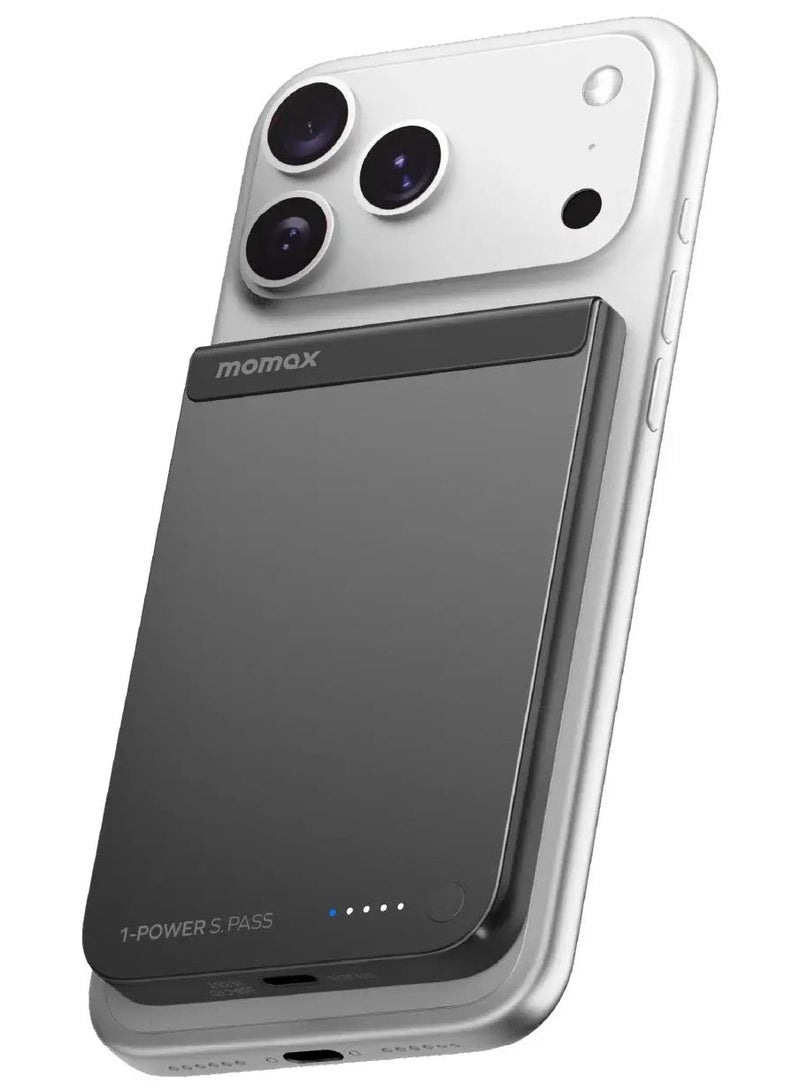 Momax 1-POWER S.PASS 5000mAh QI2 بنك طاقة لاسلكي مغناطيسي USB-C بقدرة إخراج تصل إلى 15W - أسود - Image 1