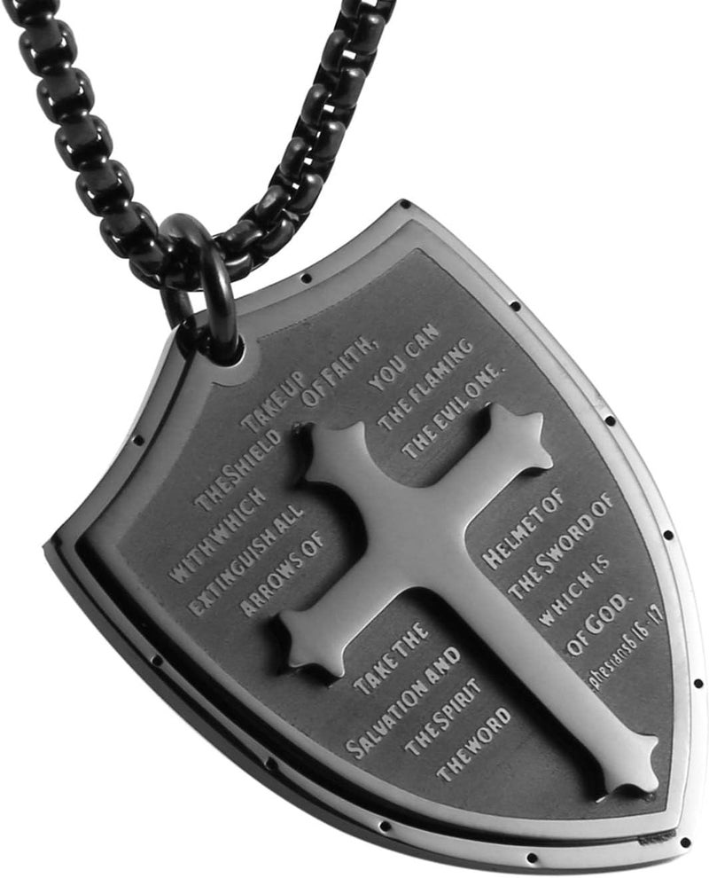 HZMAN Shield Armor of God Ephesians 6:16-17, Faith Cross Stainless Steel Pendant Necklace - Image 3