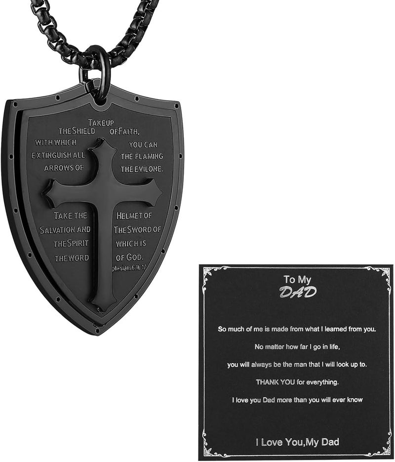 HZMAN Shield Armor of God Ephesians 6:16-17, Faith Cross Stainless Steel Pendant Necklace - Image 1