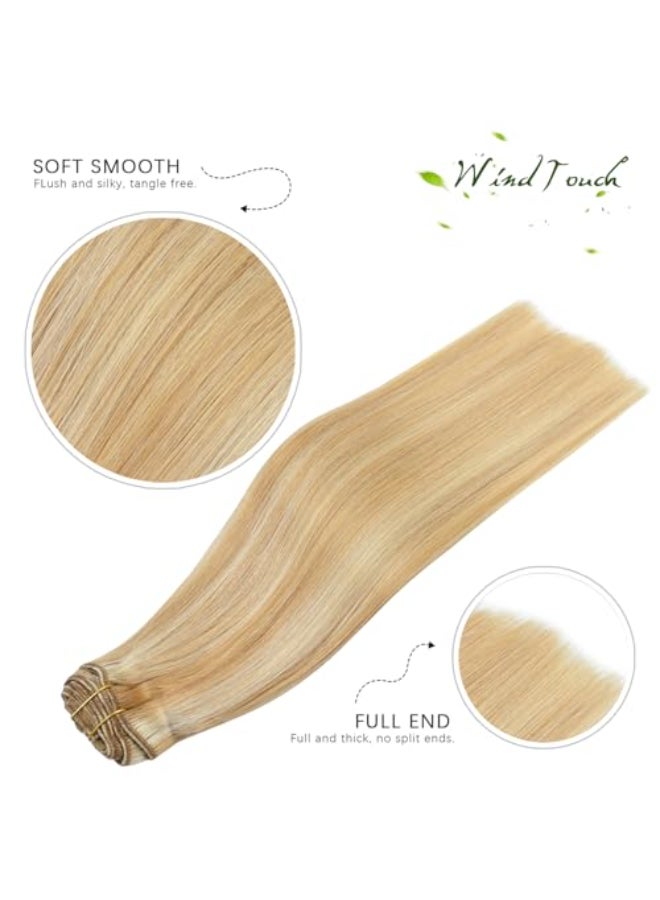 WindTouch Clip in Hair Extensions Human Hair Balayage Golden brown to Blonde Highlights for Blonde 12Inch 75g 27p613 7PCS - Image 3