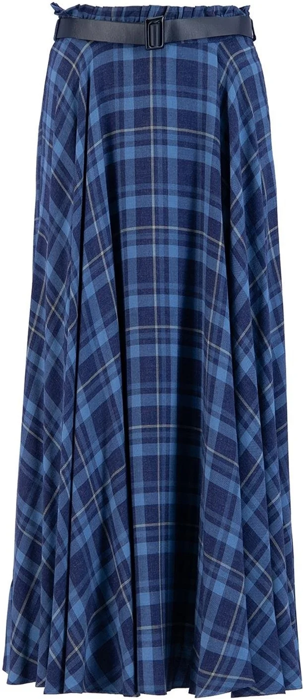 ARMINE Leather Belted Plaid Skirt 24K1713 Navy Blue
