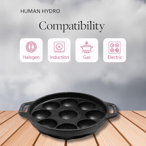 Human Hydro Pre-Seasoned Cast Iron 9 Pit Paniyaram Pan (23CM, 1.6KG) | Naturally Nonstick & Toxin-Free | Induction & Gas Compatible | Ideal for Appam, Paddu, Kuzhi Paniyaram & Snacks - Image 3