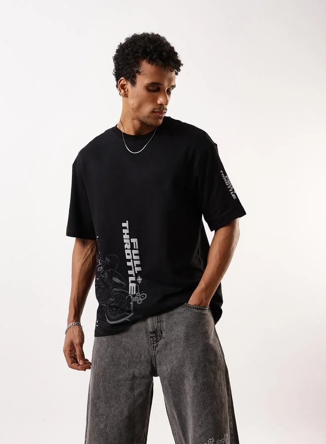 هاي ستار Men's Black 100% Cotton Printed Relaxed T-Shirt