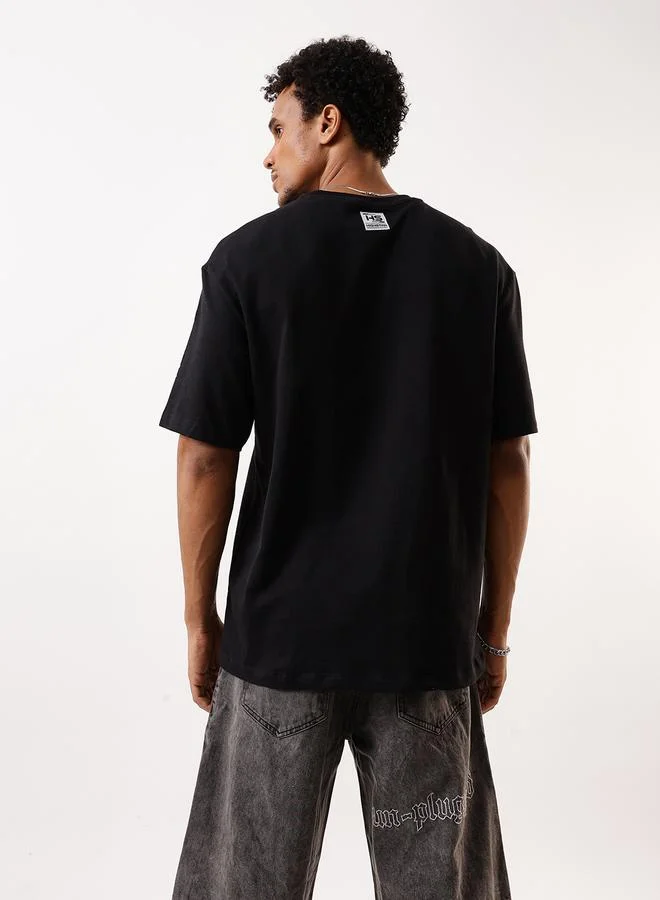 HIGH STAR Men's Black 100% Cotton Printed Relaxed T-Shirt
