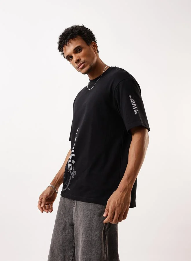 HIGH STAR Men's Black 100% Cotton Printed Relaxed T-Shirt