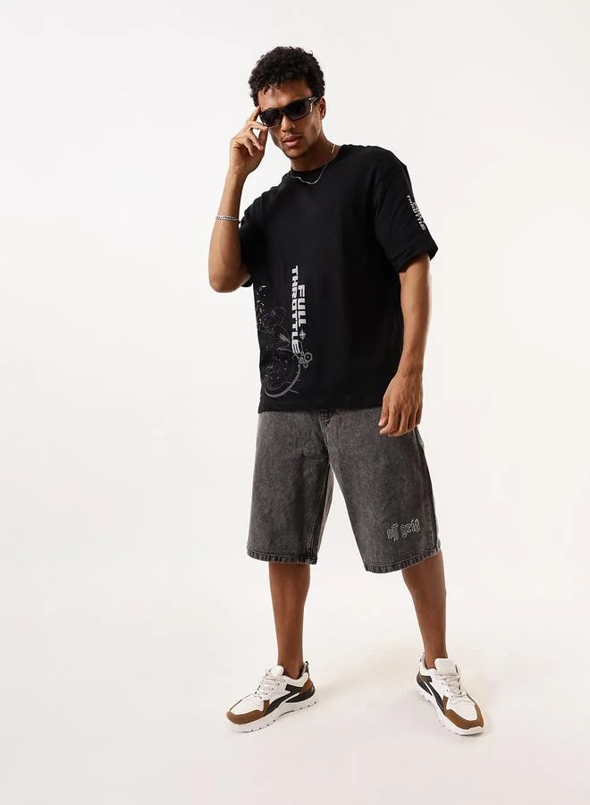 HIGH STAR Men's Black 100% Cotton Printed Relaxed T-Shirt