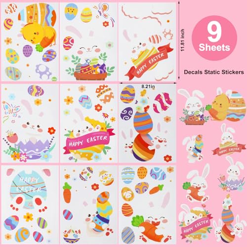 DealBeta Easter Window Clings,9 Sheets Easter Bunny Egg Tree Chick Window Cling Multicolor Decorations for Glass Spring Window Clings Decal - Image 5