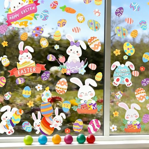 DealBeta Easter Window Clings,9 Sheets Easter Bunny Egg Tree Chick Window Cling Multicolor Decorations for Glass Spring Window Clings Decal - Image 1