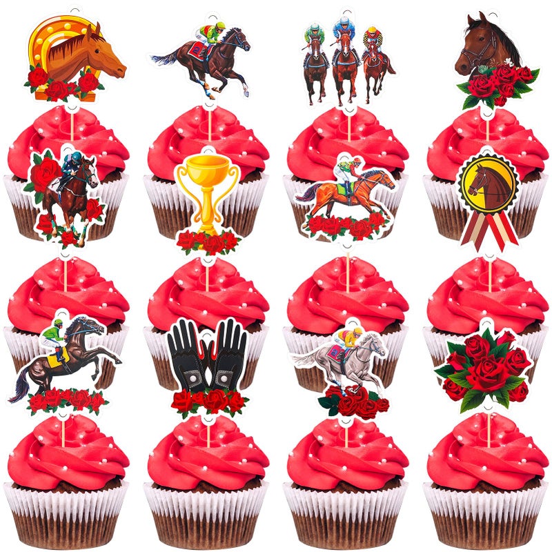 هواف Howaf 48 Kentucky Horse Derby Party Party يوفرون زينة كب كيك للخيول على لوازم Derby Day Party Roting for the Roses Cupcake Toppers Toanpicks for Kentucky Day - Image 1