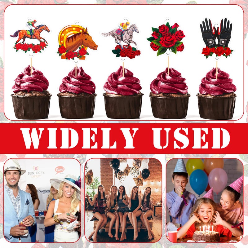 هواف Howaf 48 Kentucky Horse Derby Party Party يوفرون زينة كب كيك للخيول على لوازم Derby Day Party Roting for the Roses Cupcake Toppers Toanpicks for Kentucky Day - Image 5