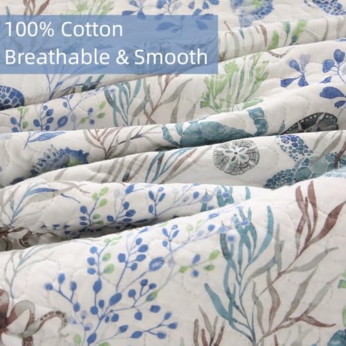 SUCSES Nautical Quilt 3Pcs Queen Size Cotton Coastal Bedding Set Sea Turttle Seahorses Coverlet Soft Oversized Bedspread for Beach Theme Room Decor - Image 3