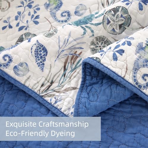 SUCSES Nautical Quilt 3Pcs Queen Size Cotton Coastal Bedding Set Sea Turttle Seahorses Coverlet Soft Oversized Bedspread for Beach Theme Room Decor - Image 4