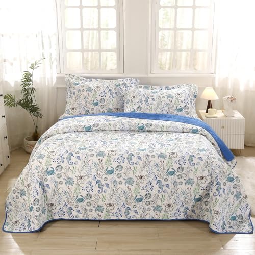 SUCSES Nautical Quilt 3Pcs Queen Size Cotton Coastal Bedding Set Sea Turttle Seahorses Coverlet Soft Oversized Bedspread for Beach Theme Room Decor - Image 1