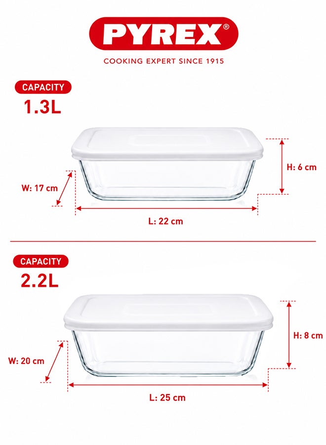 بيريكس Pyrex Daily 2-Piece Rectangular Roaster Set with Lids, 2.2L and 1.3L Borosilicate Glass Baking Dishes, Oven Safe, Microwave Safe, Fridge & Freezer Storage Containers - Image 2