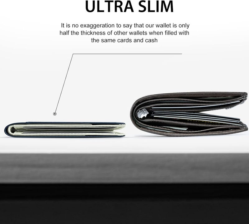 GSOIAX Mens Slim Wallet for Men Minimalist Genuine Leather Carbon Fiber Rfid Blocking Cowhide Bifold Credit Card Holder With Gift Box, Dark Blue and Beige, Slim - Image 2