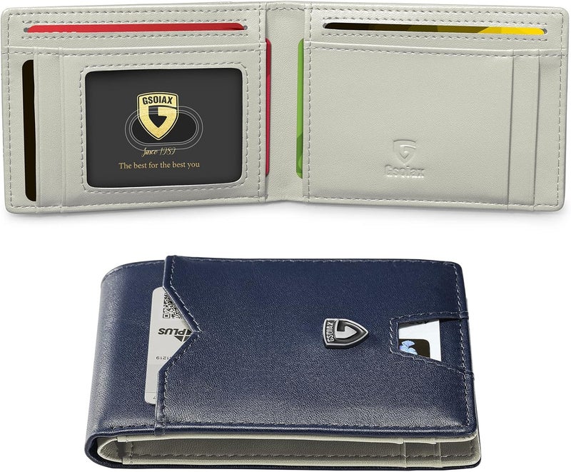GSOIAX Mens Slim Wallet for Men Minimalist Genuine Leather Carbon Fiber Rfid Blocking Cowhide Bifold Credit Card Holder With Gift Box, Dark Blue and Beige, Slim - Image 1