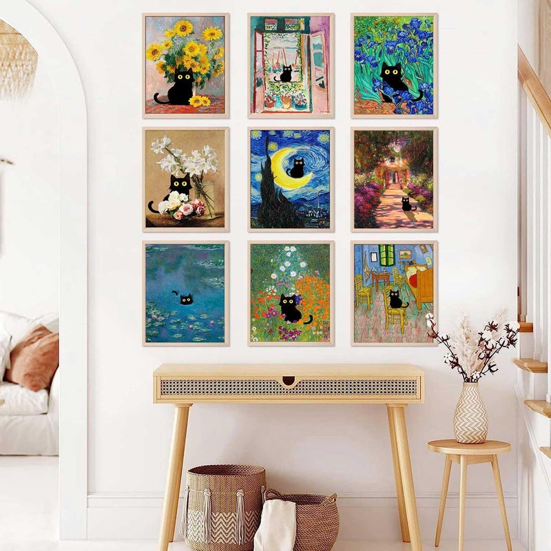 LOARTVE 9 Pcs Funny Black Cat Wall Art Poster Prints Vintage Sunflower Canvas Artwork Pictures Gift Cute Room Decor Eclectic Aesthetic Floral Monet Van Gogh for Living Bathroom Bedroom Decorate Unframed - Image 4