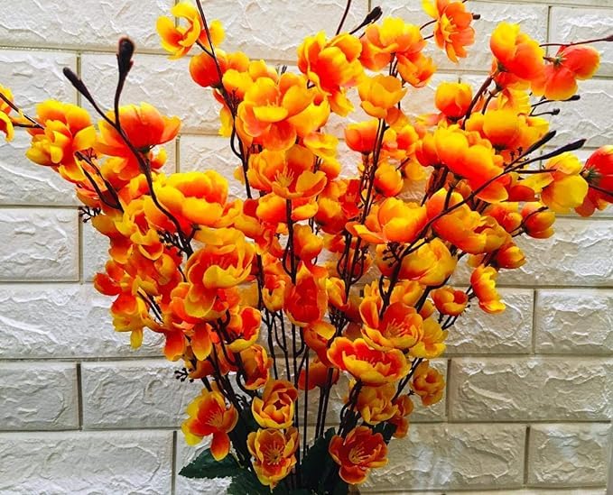 Coolkart Beautiful Orchid Cherry Peach Blossom Flower Bunch for Vase for Home Decor Office Decor Hotel Yellow and Orange Set of 2 14 Sticks - Image 2