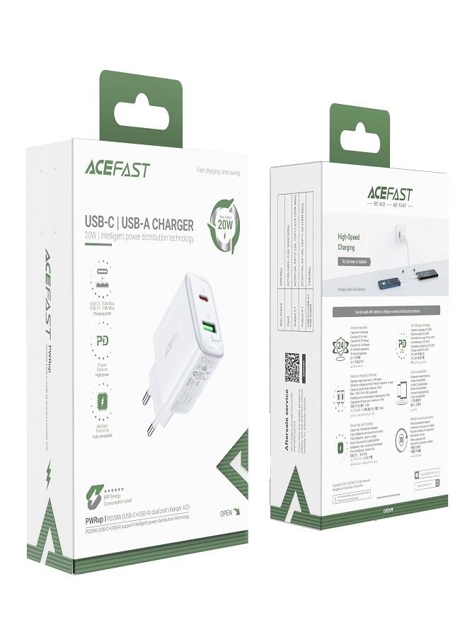 ACEFAST Fast Charge Wall Charger A25 PD20W (1xUSB-C+1xUSB-A) EU White - Image 1