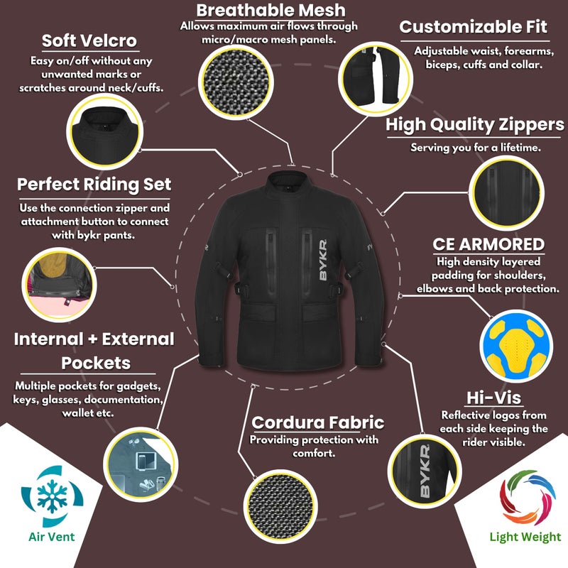 BYKR Adventure Touring Motorcycle Jacket For Men & Women Enduro Biker Textile Riding Gear CE Armored (Black - L) - Image 4
