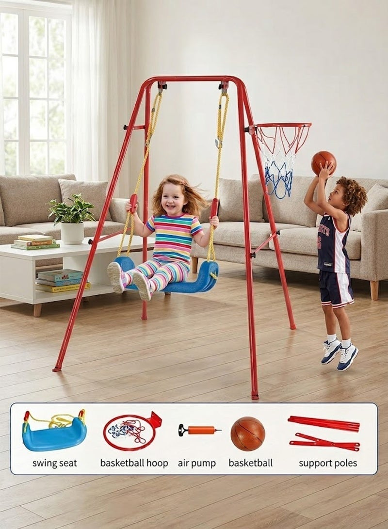 XiuWoo 2-in-1 Kids Swing Set with Basketball Hoop, Children Swing for Indoor Outdoor Use, Stable Toddler Swing for Backyard, Living Room & Patio, Easy-Assembly Iron Frame Swing for Ages 6-14 - Image 1
