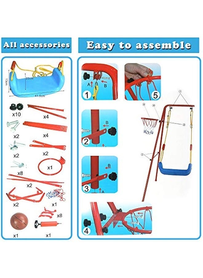 XiuWoo 2-in-1 Kids Swing Set with Basketball Hoop, Children Swing for Indoor Outdoor Use, Stable Toddler Swing for Backyard, Living Room & Patio, Easy-Assembly Iron Frame Swing for Ages 6-14 - Image 4