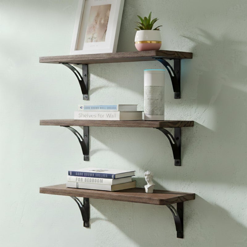 Willowy Reinforced Steel Bracket Dark Brown Wall Shelves - Easy to Install, Template and Video Included - Dark Wood Shelves for Wall, Wooden Shelf for Wall, Laundry Room Decor - Image 1