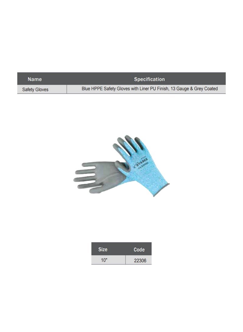 Starex Safety Gloves 10" 13G Blue HPPE Liner PU Grey Coated ST22306
