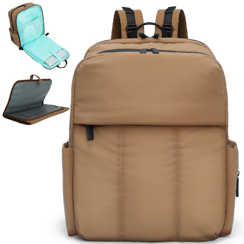 MOMINSIDE حقيبة ظهر حفاضات MOMINSIDE - حقيبة حفاضات كبيرة مبطنة - حقيبة حفاضات نيونبرين مزودة بحقيبة أطفال مبطنة، وسادة تغيير كبيرة، 15 جيب، خفيفة الوزن، بني - Image 1