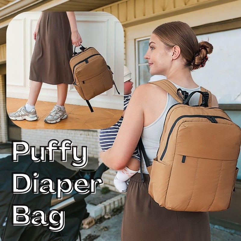 MOMINSIDE حقيبة ظهر حفاضات MOMINSIDE - حقيبة حفاضات كبيرة مبطنة - حقيبة حفاضات نيونبرين مزودة بحقيبة أطفال مبطنة، وسادة تغيير كبيرة، 15 جيب، خفيفة الوزن، بني - Image 2