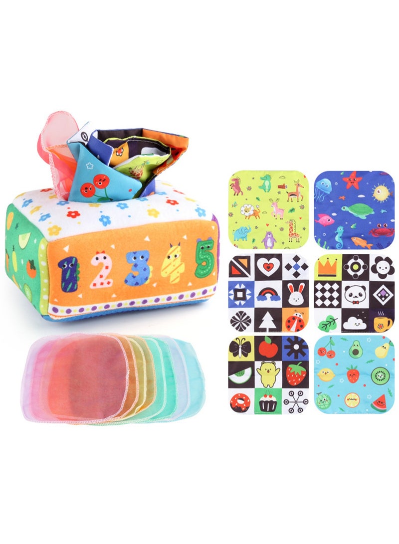 Baby Early Education Cloth Book Tissue Box Sound Paper Square Towel Cognitive Animal English Tear-resistant Children's Cloth Book Toy, 3 Square Towels + 8 Silk Scarves (Digital version)  - Image 1
