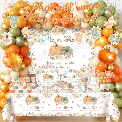 Peghoqu Fall Pumpkin Gender Reveal DecorationHe or She Pumpkin Floral Gender Reveal Theme Party SuppliesAutumn What Will Our Little Pumpkin Be Disposable Plates Napkin Balloons TableclothServe 24 - Image 1