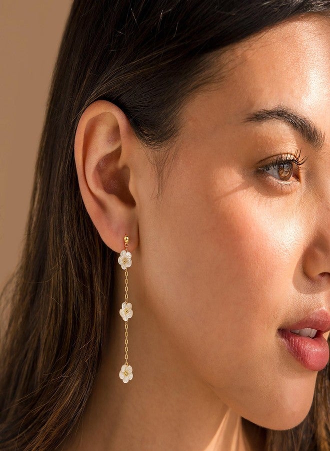 Moodear Gold Earrings for Women Trendy Dainty 14K Gold Plated Pearl Flower Dangle Drop Stud Chain Earrings Hypoallergenic Dangle Earrings for Women Wedding Jewelry Gifts, Brass, No Gemstone - Image 2