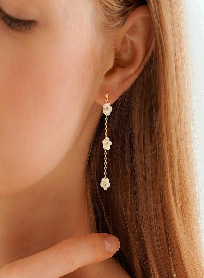 Moodear Gold Earrings for Women Trendy Dainty 14K Gold Plated Pearl Flower Dangle Drop Stud Chain Earrings Hypoallergenic Dangle Earrings for Women Wedding Jewelry Gifts, Brass, No Gemstone - Image 4