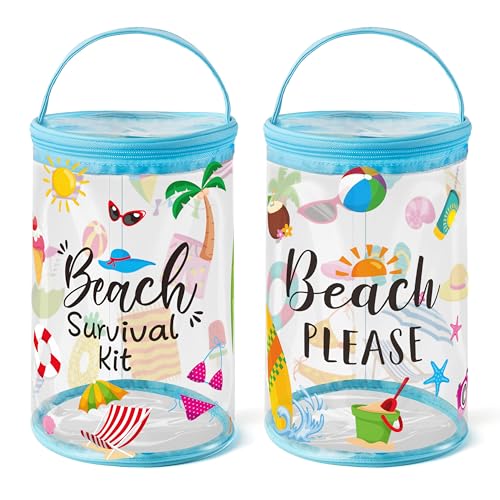 Y1tvei Beach Lotion Toiletry Bag - 2Pcs Beach Survival Kit Cylinder Travel Makeup Bag with Handle Sunscreen Holder Pouch Clear PVC Plastic Waterproof Barrel Zipper Cosmetic Bag for Women - Image 1