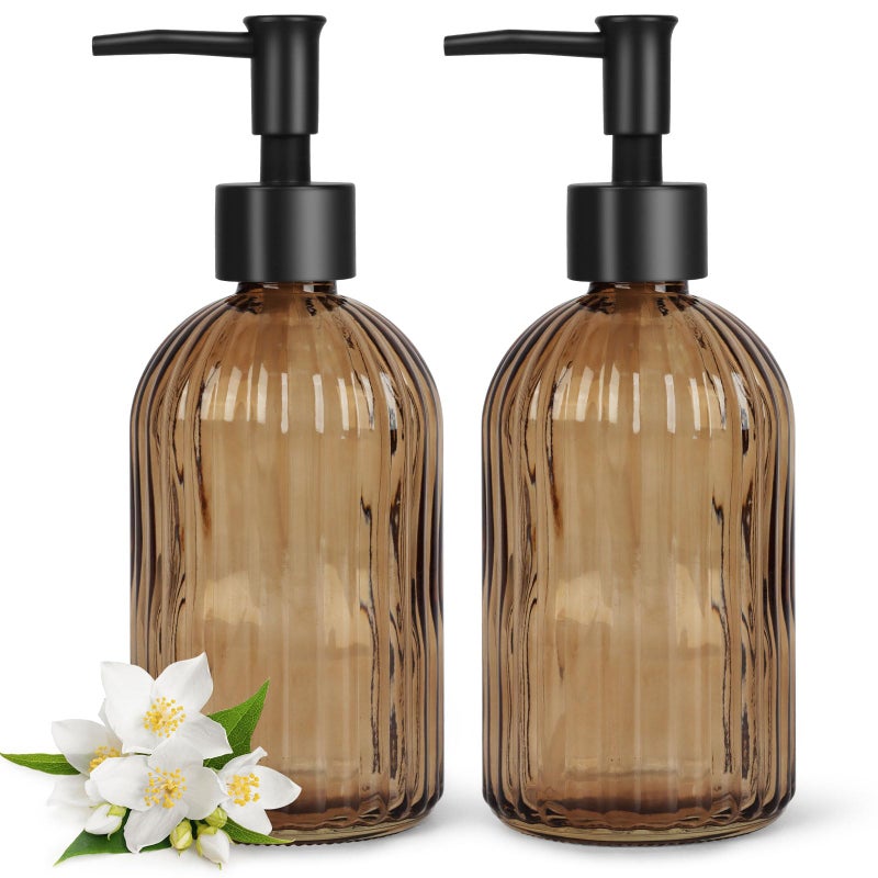Topsky 2 Pack Glass Soap Dispenser With Black Plastic Pump  400Ml Liquid Hand Soap Dispenser  Rustproof Pump For Kitchen & Bathroom  Great For Lotions  Essential Oil  Liquid Soaps-Amber - Image 1
