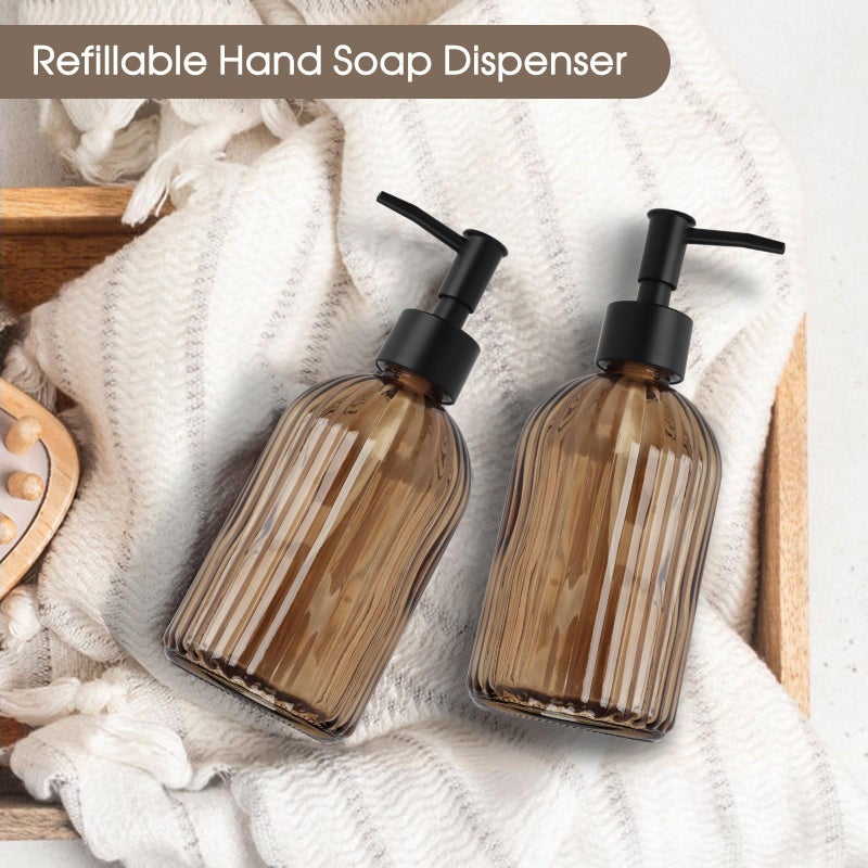 Topsky 2 Pack Glass Soap Dispenser With Black Plastic Pump  400Ml Liquid Hand Soap Dispenser  Rustproof Pump For Kitchen & Bathroom  Great For Lotions  Essential Oil  Liquid Soaps-Amber - Image 2