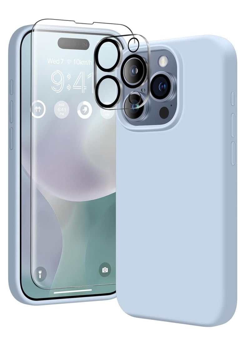 Case Compatible with iPhone 15 Pro Max, with 3X Screen Protector + 3X Camera Lens Protector, Liquid Silicone Shockproof Anti-Scratch Protective Microfiber Lining Phone Case (Light Blue) - Image 1