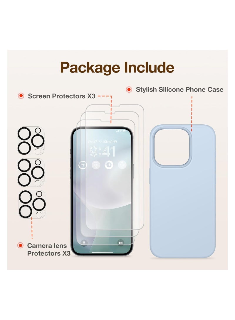 Case Compatible with iPhone 15 Pro Max, with 3X Screen Protector + 3X Camera Lens Protector, Liquid Silicone Shockproof Anti-Scratch Protective Microfiber Lining Phone Case (Light Blue) - Image 5