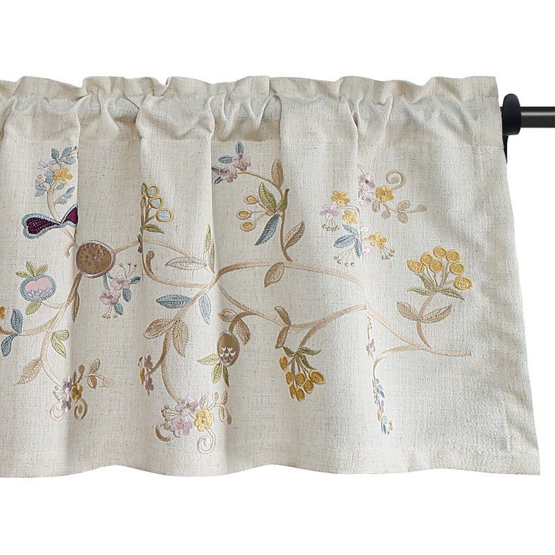 VOGOL Floral Embroidered Pattern Kitchen Valances for Windows, Linen Rod Pocket Curtains Valance for Living Room, 52 Inch Wide by 18 Inch Long, One Panel