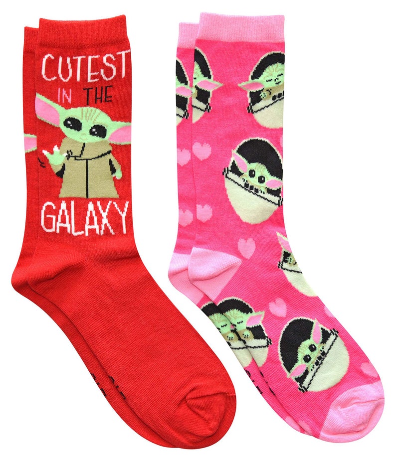STAR WARS Juniors/Ladies Baby Yoda Crew Socks 2 Pair Pack Size 4-10 Red/Pink - Image 1