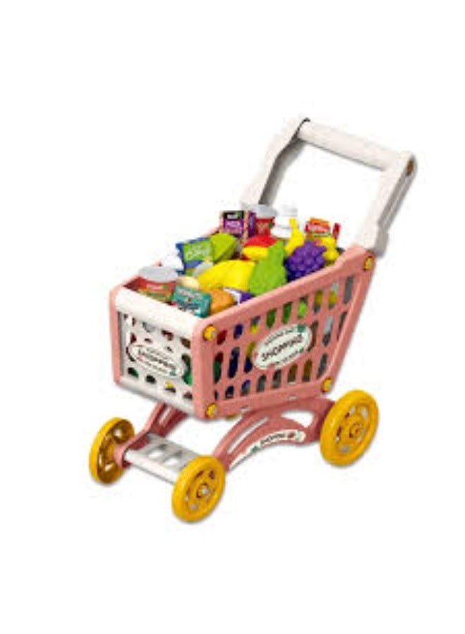 لعبة عربة تسوق للأطفال باللونين الوردي والبرتقالي مع مقبض وعجلات - مجموعة بقالة تظاهرية - Image 3